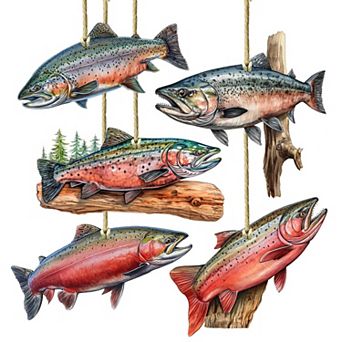 Alaskan Salmon Wooden Christmas Ornaments Set Of 5 By G. Debrekht