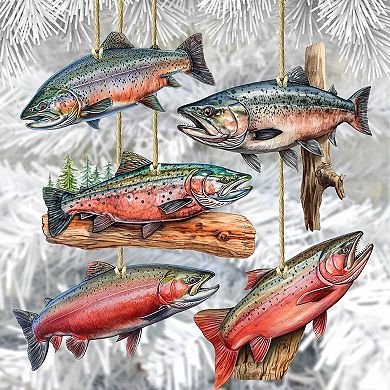 Alaskan Salmon Wooden Christmas Ornaments Set Of 5 By G. Debrekht