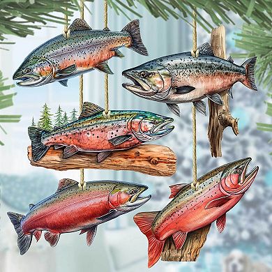 Alaskan Salmon Wooden Christmas Ornaments Set Of 5 By G. Debrekht