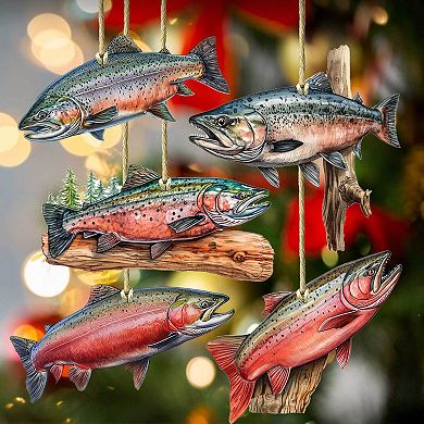 Alaskan Salmon Wooden Christmas Ornaments Set Of 5 By G. Debrekht