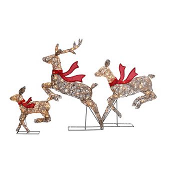 LuxenHome 3 pc Natural And Plastic Rattan Running Reindeer Holiday Decoration Set With Lights