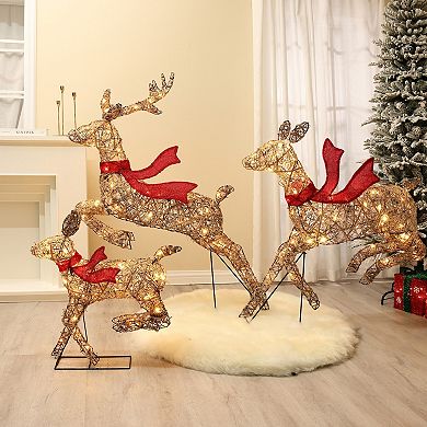 LuxenHome 3-piece Natural And Plastic Rattan Running Reindeer Holiday Decoration Set With Lights