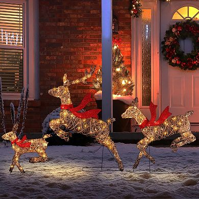 LuxenHome 3-piece Natural And Plastic Rattan Running Reindeer Holiday Decoration Set With Lights