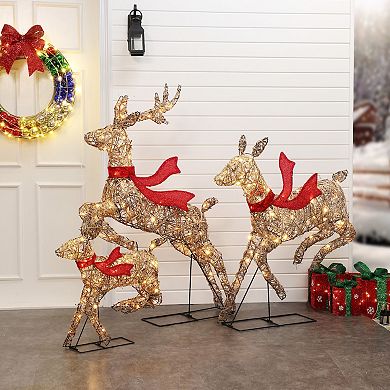 LuxenHome 3-piece Natural And Plastic Rattan Running Reindeer Holiday Decoration Set With Lights