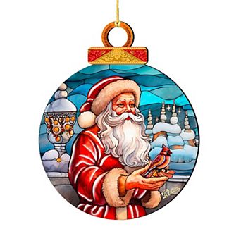 Santa With Red Cardinal Holiday Wooden Christmas Ornaments By G. Debrekht