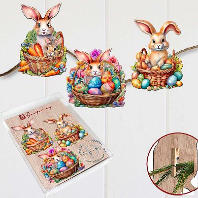 Eggs And Bunnies Wooden Clip-on Ornaments Set Of 3 By G. Debrekht