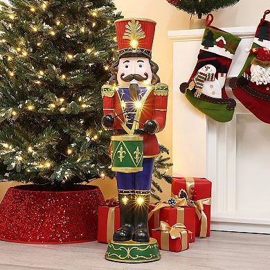 LuxenHome 3ft Tall Traditional Nutcracker Drummer Soldier With Lights
