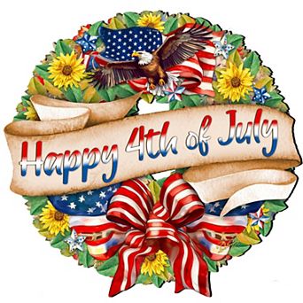 Happy 4th of July Wreath Decorative Holiday 20-Inch Handcrafted Wooden Door Decor by G. DeBrekht
