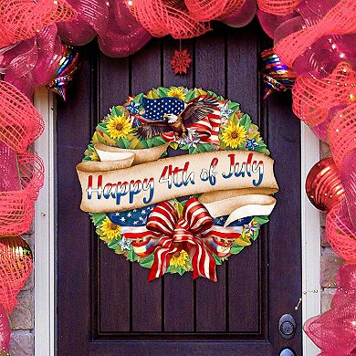 Happy 4th of July Wreath Decorative Holiday 20-Inch Handcrafted Wooden Door Decor by G. DeBrekht