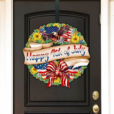 Happy 4th of July Wreath Decorative Holiday 20-Inch Handcrafted Wooden Door Decor by G. DeBrekht