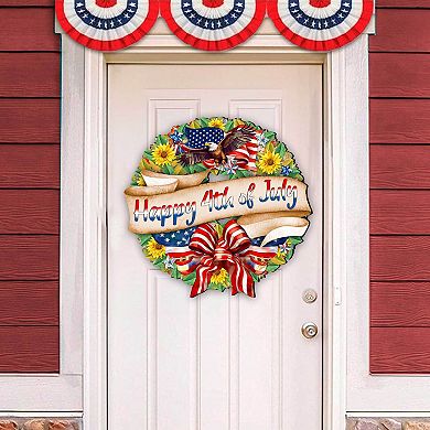 Happy 4th of July Wreath Decorative Holiday 20-Inch Handcrafted Wooden Door Decor by G. DeBrekht