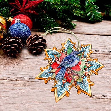 Blue Bird Snowflake Large Christmas Wooden Ornament By G. Debrekht