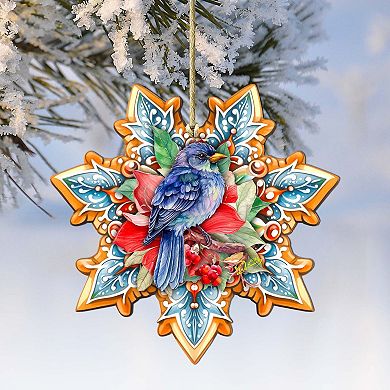 Blue Bird Snowflake Large Christmas Wooden Ornament By G. Debrekht