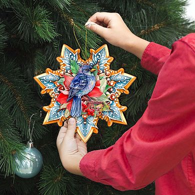 Blue Bird Snowflake Large Christmas Wooden Ornament By G. Debrekht