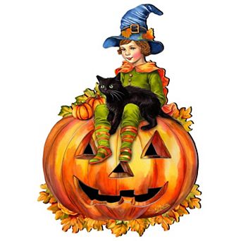 Boy on Pumpkin Holiday 24-Inch Handcrafted Wooden Door Hanger & Wall Art by G. DeBrekht