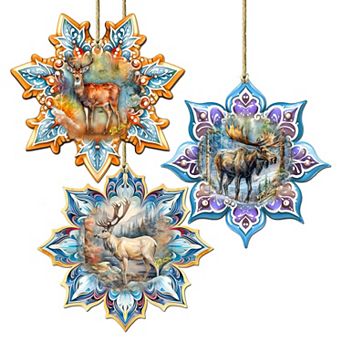 Forest Animals Snowflake Wooden Christmas Ornaments Set Of 3 By G. Debrekht