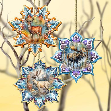 Forest Animals Snowflake Wooden Christmas Ornaments Set Of 3 By G. Debrekht