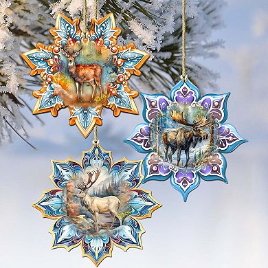 Forest Animals Snowflake Wooden Christmas Ornaments Set Of 3 By G. Debrekht