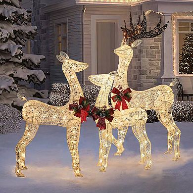 LuxenHome Set of 3 Deer Family Holiday Decoration with Lights for Indoor and Outdoor