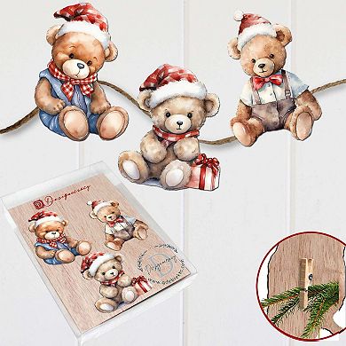 Christmas Teddy Bear Wooden Clip-on Ornaments Set Of 3 By G. Debrekht