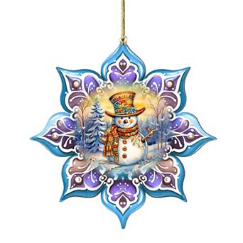 Snowman Purple Snowflake Large Christmas Wooden Ornament By G. Debrekht