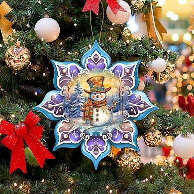 Snowman Purple Snowflake Large Christmas Wooden Ornament By G. Debrekht