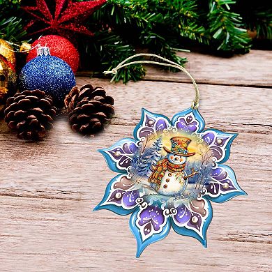 Snowman Purple Snowflake Large Christmas Wooden Ornament By G. Debrekht
