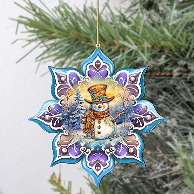 Snowman Purple Snowflake Large Christmas Wooden Ornament By G. Debrekht