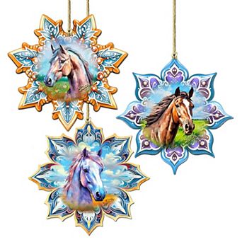Horses Snowflake Wooden Christmas Ornaments Set Of 3 By G. Debrekht