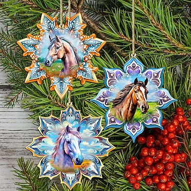 Horses Snowflake Wooden Christmas Ornaments Set Of 3 By G. Debrekht