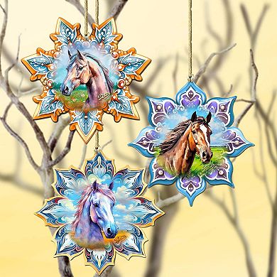 Horses Snowflake Wooden Christmas Ornaments Set Of 3 By G. Debrekht