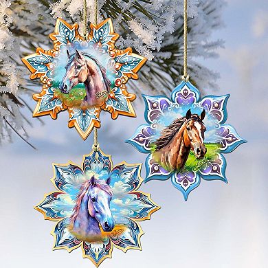Horses Snowflake Wooden Christmas Ornaments Set Of 3 By G. Debrekht