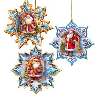 Santa's Greetings Snowflake Wooden Christmas Ornaments Set Of 3 By G. Debrekht