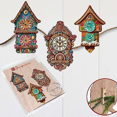 Miniature Clock Wooden Clip-on Ornaments Set Of 3 By G. Debrekht