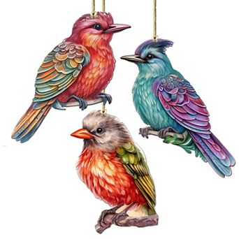 Colorful Birds Wooden Christmas Ornaments Set Of 3 By G. Debrekht