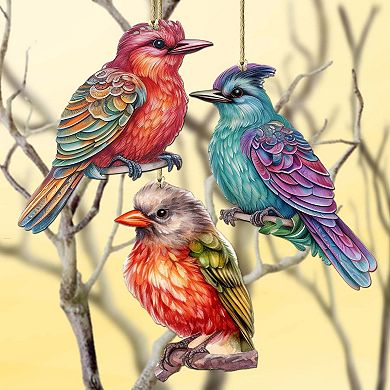 Colorful Birds Wooden Christmas Ornaments Set Of 3 By G. Debrekht