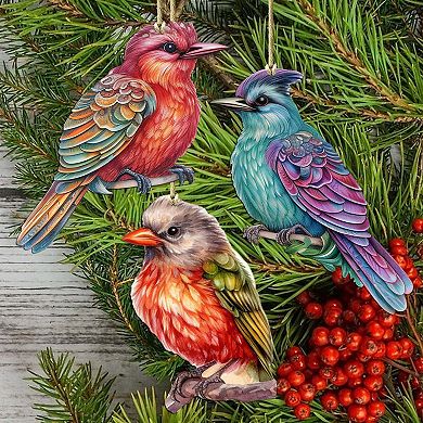 Colorful Birds Wooden Christmas Ornaments Set Of 3 By G. Debrekht