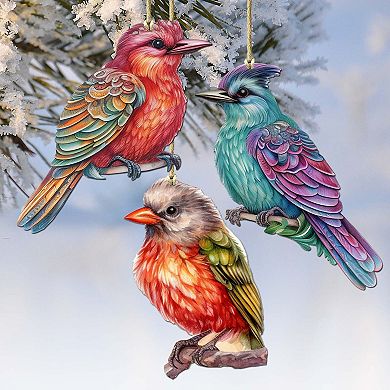 Colorful Birds Wooden Christmas Ornaments Set Of 3 By G. Debrekht