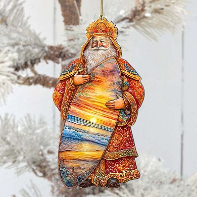 Santa's Tropical Surf Ride Wooden Christmas Ornaments By G. Debrekht