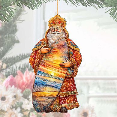 Santa's Tropical Surf Ride Wooden Christmas Ornaments By G. Debrekht