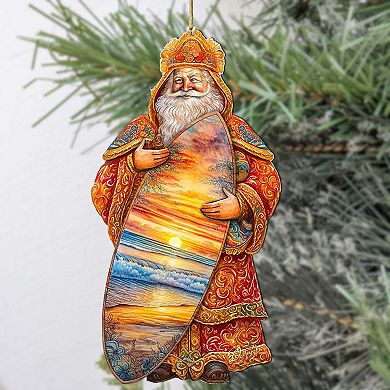 Santa's Tropical Surf Ride Wooden Christmas Ornaments By G. Debrekht
