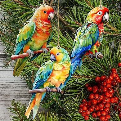 Parrots Wooden Christmas Ornaments Set Of 3 By G. Debrekht