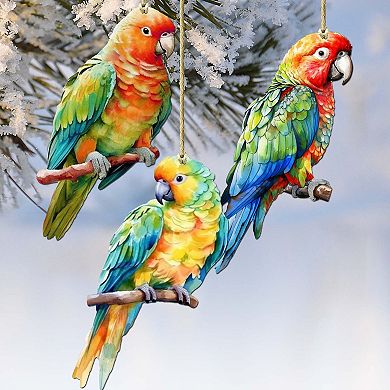 Parrots Wooden Christmas Ornaments Set Of 3 By G. Debrekht