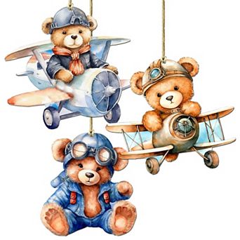 Aviator Teddy Bear Wooden Christmas Ornaments Set Of 3 By G. Debrekht