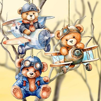 Aviator Teddy Bear Wooden Christmas Ornaments Set Of 3 By G. Debrekht