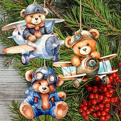 Aviator Teddy Bear Wooden Christmas Ornaments Set Of 3 By G. Debrekht