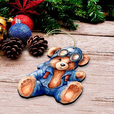 Aviator Teddy Bear Wooden Christmas Ornaments Set Of 3 By G. Debrekht