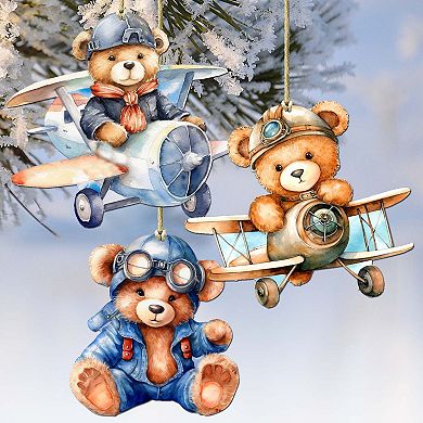 Aviator Teddy Bear Wooden Christmas Ornaments Set Of 3 By G. Debrekht