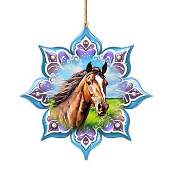 Set Of 2 - Brown Horse Snowflake Wooden Christmas Ornaments By G. Debrekht
