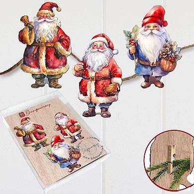Santa Wooden Clip-on Ornaments Set Of 3 By G. Debrekht